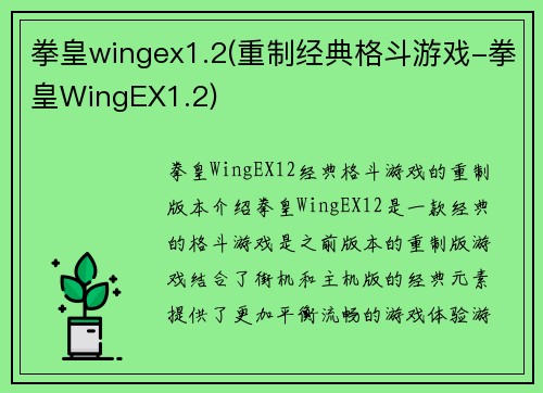 拳皇wingex1.2(重制经典格斗游戏-拳皇WingEX1.2)