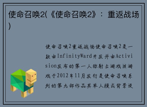 使命召唤2(《使命召唤2》：重返战场)
